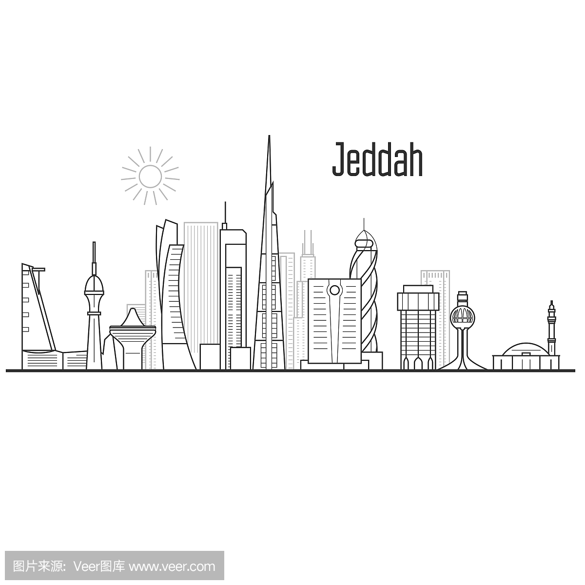 吉达城市天际线-塔和地标,城市景观在线型风格